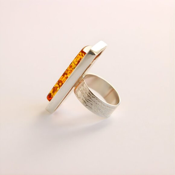 Natural Baltic Amber Modern Ring- 925 Sterling Silver- Handmade - Picture 6 of 7